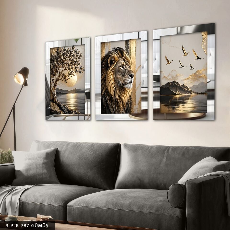 Gold Ağaç Kuşlar ve Aslan 3 Parça Pleksi Aynalı Tablo Gümüş - 40 x 60 CM