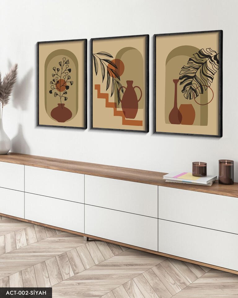 Vazo Çiçek Bohem Tarzı 3 Parça Ahşap Çerçeveli Tablo Siyah - 40 x 60 CM
