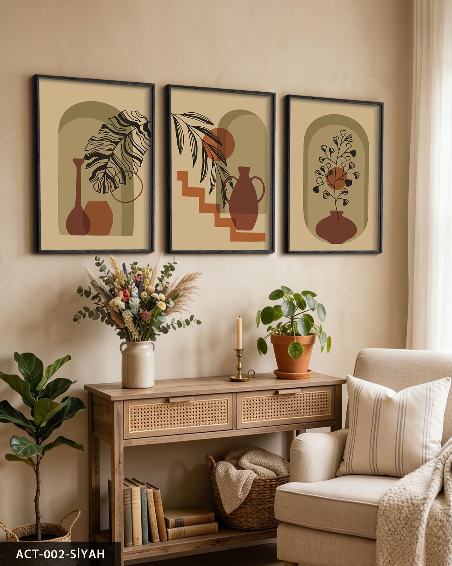 Vazo Çiçek Bohem Tarzı 3 Parça Ahşap Çerçeveli Tablo Siyah - 40 x 60 CM