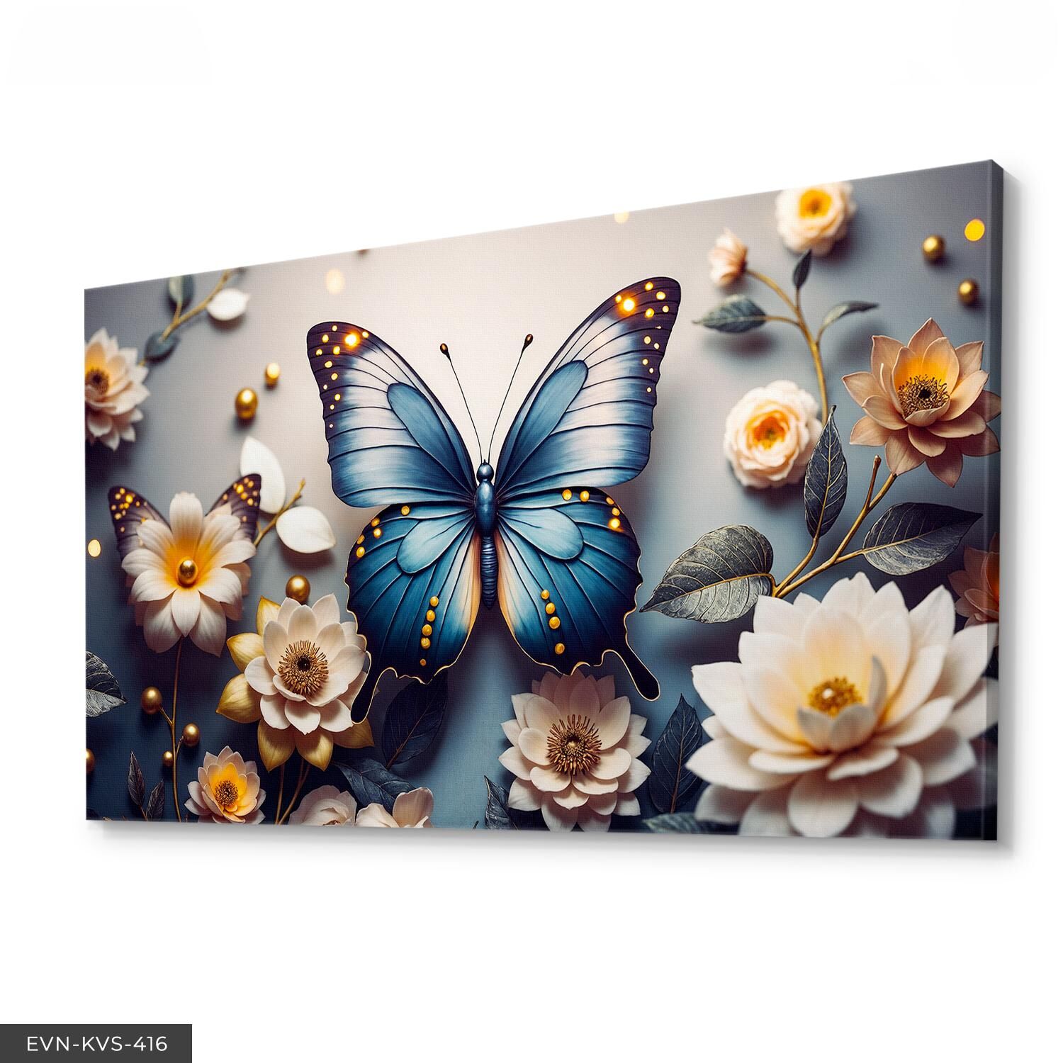 Zarif Çiçeklerin Arasında Mavi Kelebek Tek Parça Kanvas - Canvas Tablo 40 x 30 CM - Çok Renkli