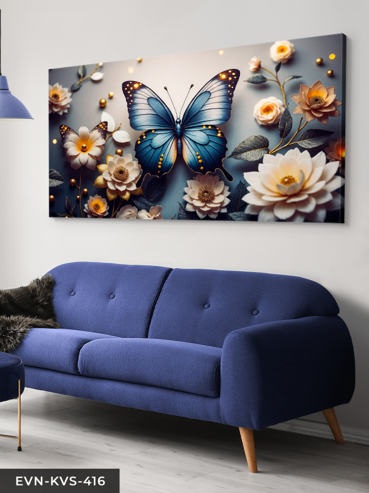 Zarif Çiçeklerin Arasında Mavi Kelebek Tek Parça Kanvas - Canvas Tablo 140 x 90 CM - Çok Renkli
