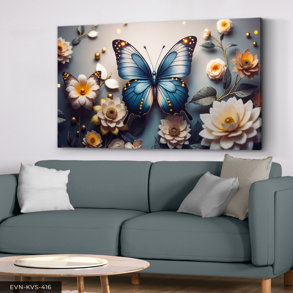 Zarif Çiçeklerin Arasında Mavi Kelebek Tek Parça Kanvas - Canvas Tablo 140 x 90 CM - Çok Renkli