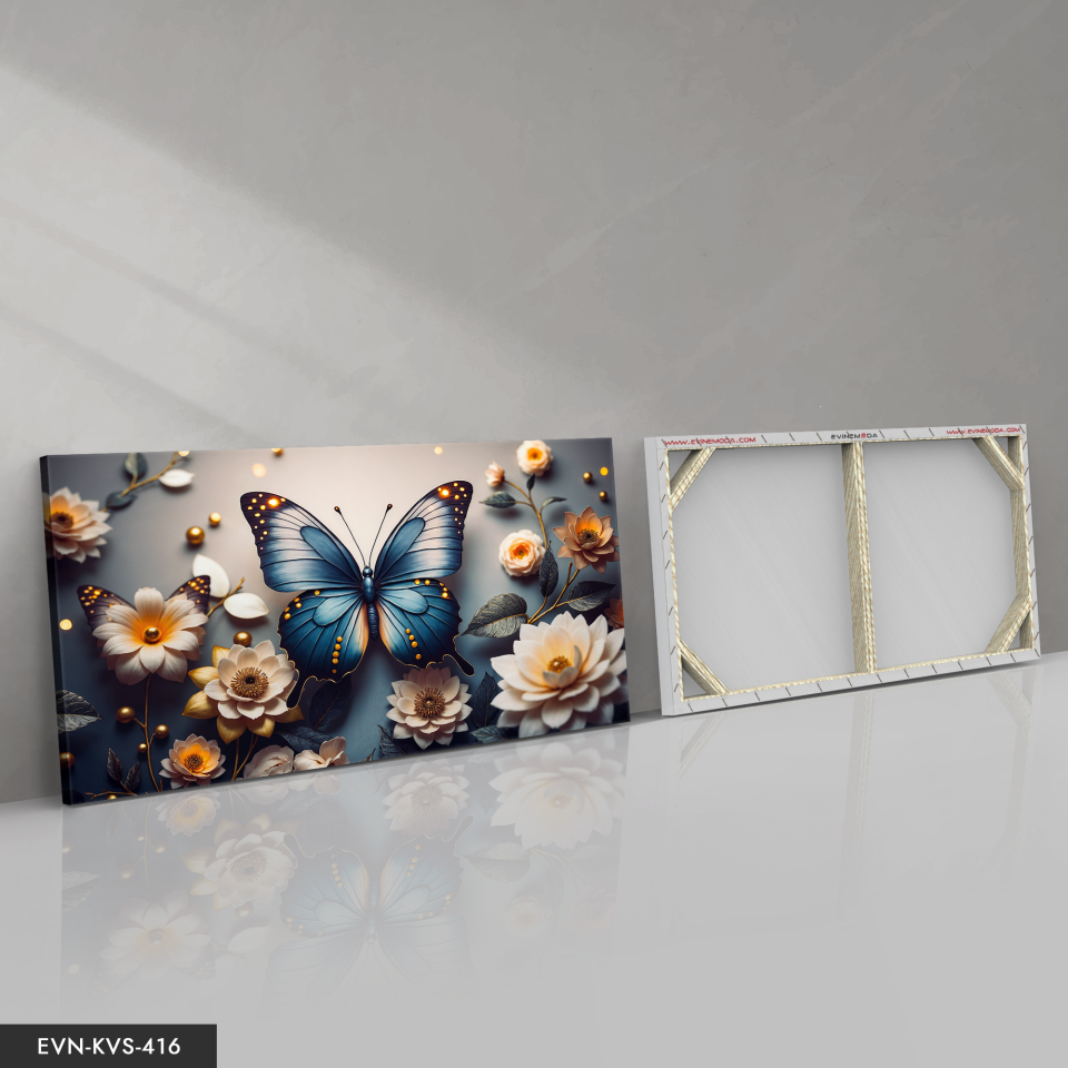 Zarif Çiçeklerin Arasında Mavi Kelebek Tek Parça Kanvas - Canvas Tablo 140 x 90 CM - Çok Renkli