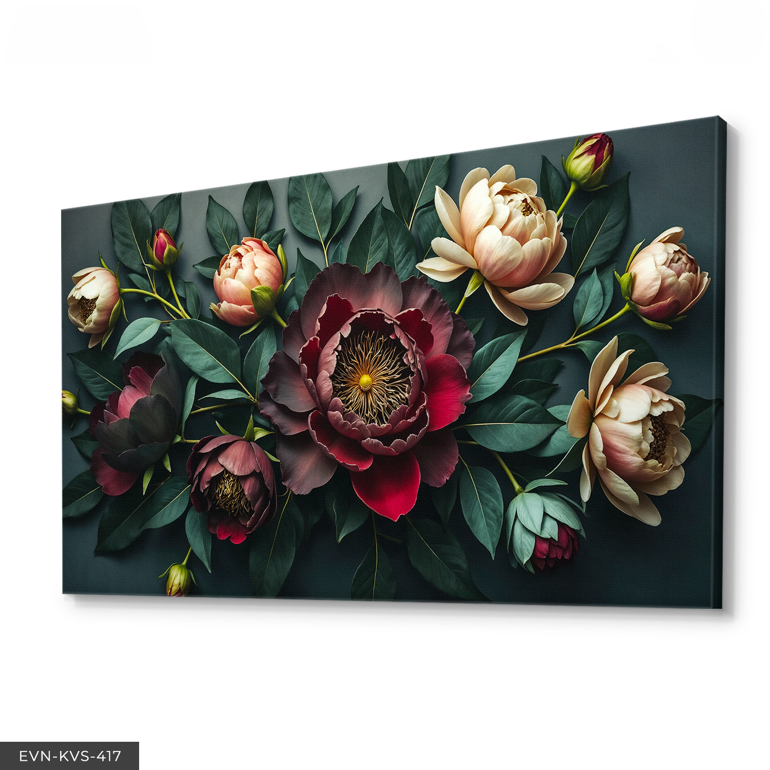 Yapraklar Arasında Kırmızı ve Beyaz Çiçekler Tek Parça Kanvas - Canvas Tablo 140 x 90 CM - Çok Renkli