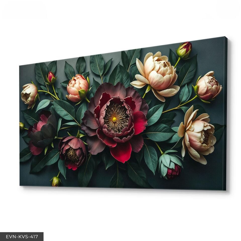 Yapraklar Arasında Kırmızı ve Beyaz Çiçekler Tek Parça Kanvas - Canvas Tablo