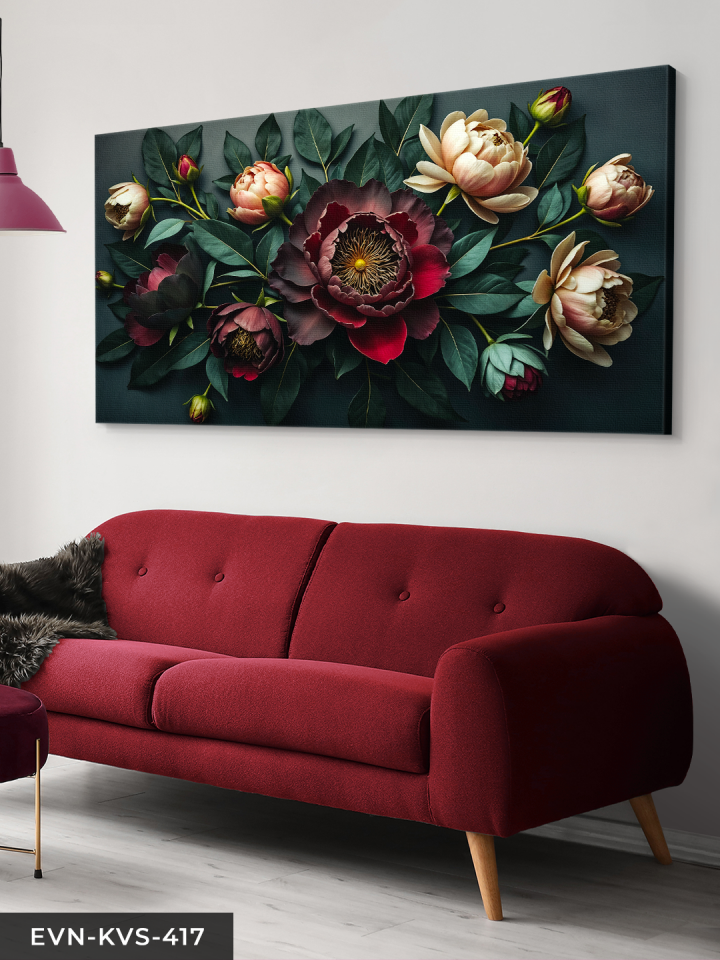 Yapraklar Arasında Kırmızı ve Beyaz Çiçekler Tek Parça Kanvas - Canvas Tablo 140 x 90 CM - Çok Renkli