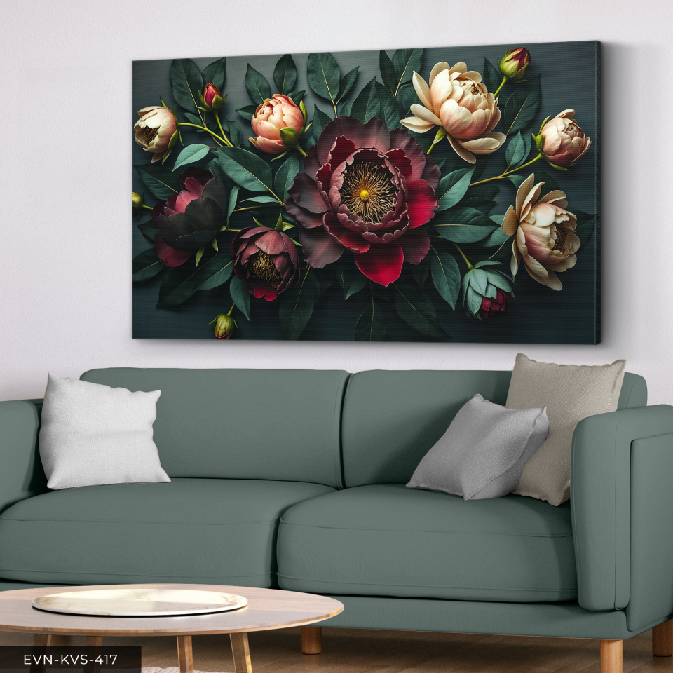 Yapraklar Arasında Kırmızı ve Beyaz Çiçekler Tek Parça Kanvas - Canvas Tablo 140 x 90 CM - Çok Renkli
