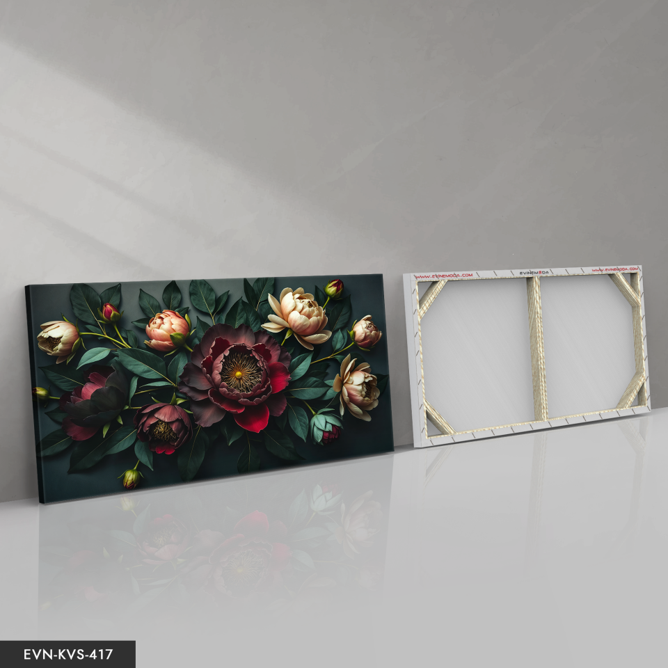 Yapraklar Arasında Kırmızı ve Beyaz Çiçekler Tek Parça Kanvas - Canvas Tablo 140 x 90 CM - Çok Renkli