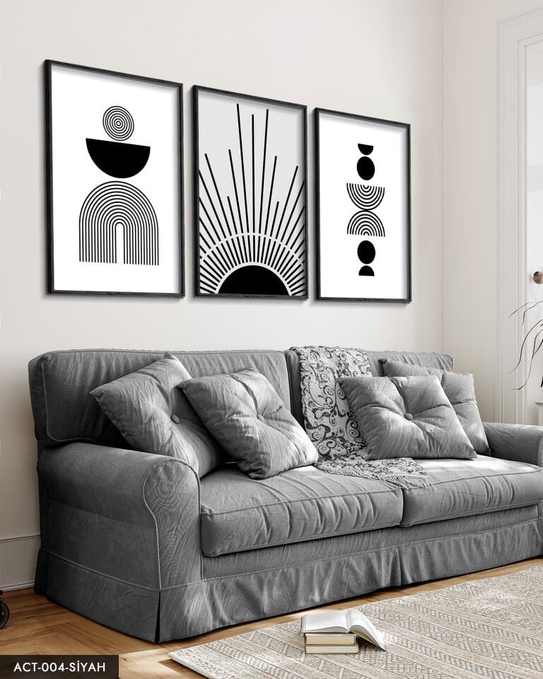 Soyut Desen Çizgiler 3 Parça Ahşap Çerçeveli Tablo ACT Siyah - 40 x 60 CM