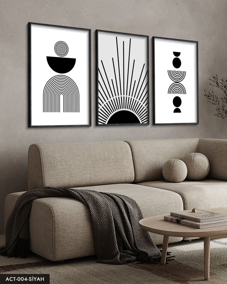 Soyut Desen Çizgiler 3 Parça Ahşap Çerçeveli Tablo ACT Siyah - 40 x 60 CM
