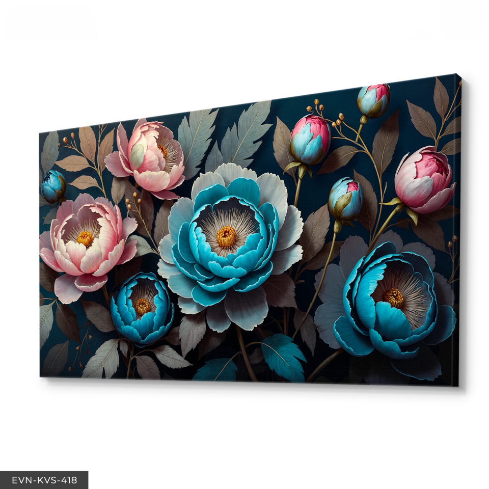 Mavi ve Pembe Çiçekler Tek Parça Kanvas - Canvas Tablo 140 x 90 CM - Çok Renkli