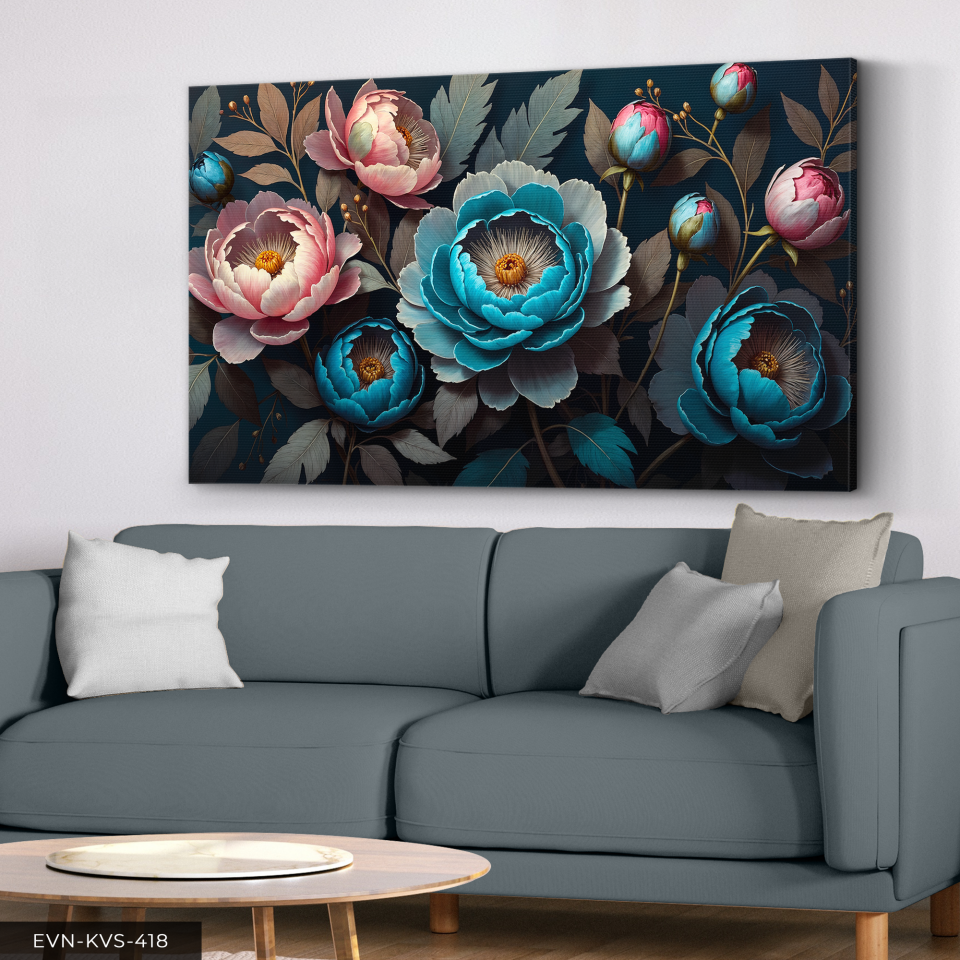 Mavi ve Pembe Çiçekler Tek Parça Kanvas - Canvas Tablo