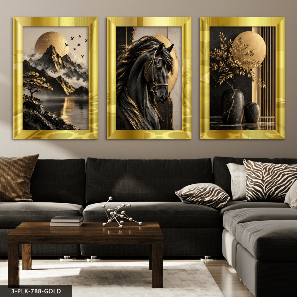Gold Bitki Doğa ve Siyah 3 Parça Pleksi Aynalı Tablo 30 x 40 CM - Gold