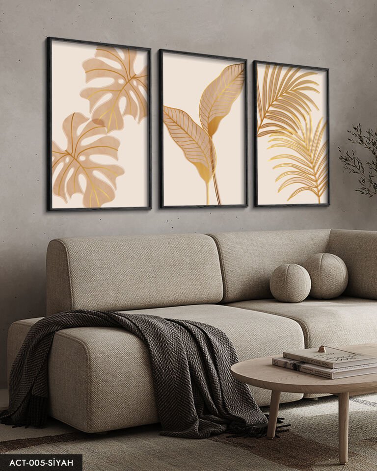Botanik Altın Yapraklı Çiçek 3 Parça Ahşap Çerçeveli Tablo ACT Siyah - 40 x 60 CM
