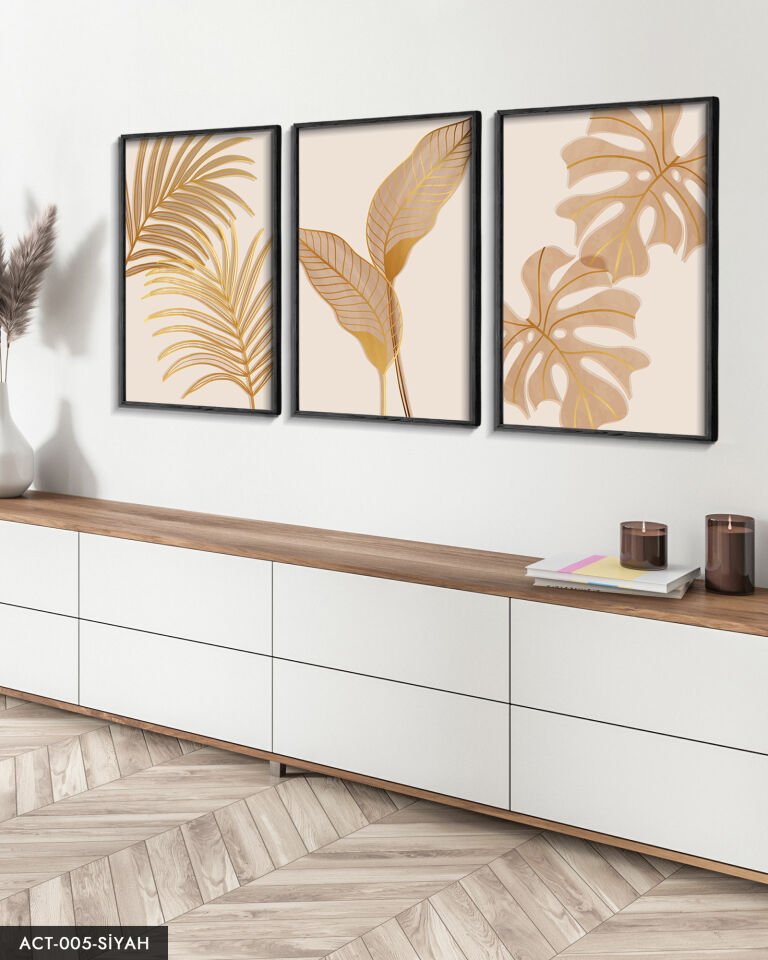 Botanik Altın Yapraklı Çiçek 3 Parça Ahşap Çerçeveli Tablo ACT Siyah - 40 x 60 CM