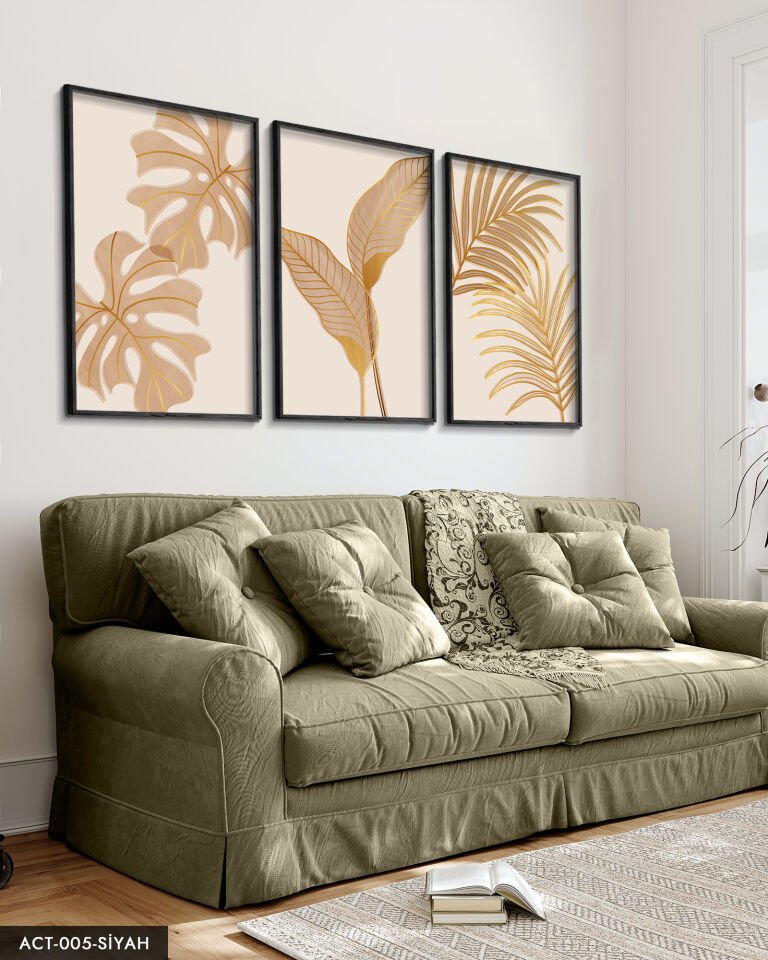 Botanik Altın Yapraklı Çiçek 3 Parça Ahşap Çerçeveli Tablo ACT Siyah - 40 x 60 CM