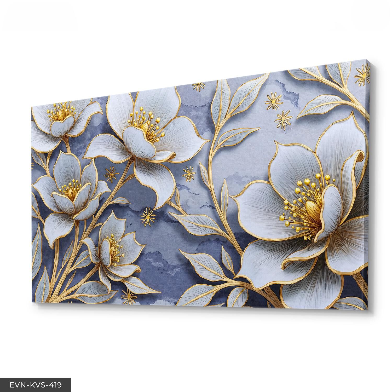 Gold Detaylı Beyaz Çiçek Tek Parça Kanvas - Canvas Tablo 40 x 30 CM - Çok Renkli