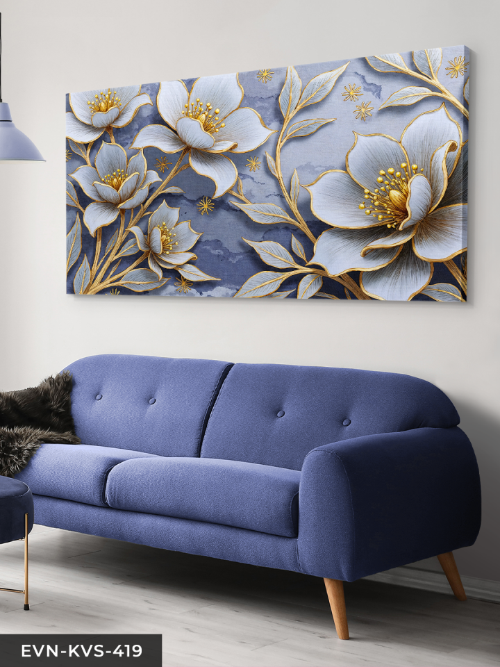 Gold Detaylı Beyaz Çiçek Tek Parça Kanvas - Canvas Tablo 140 x 90 CM - Çok Renkli