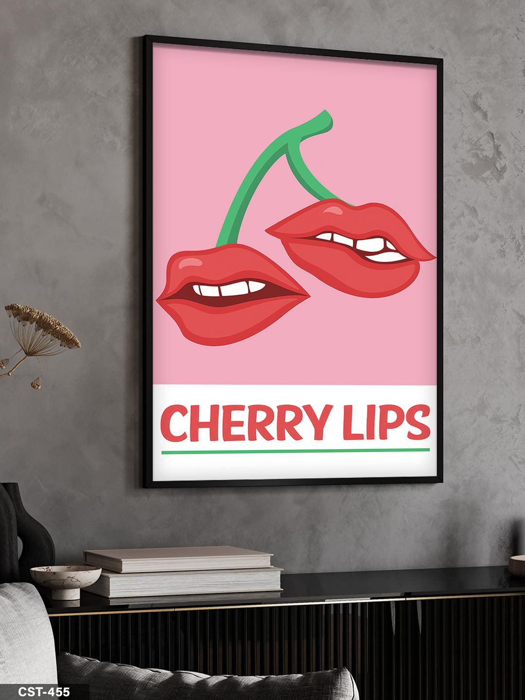 Cherry Lips Tek Parça Ahşap Çerçeveli Tablo Siyah - 30 x 40 CM