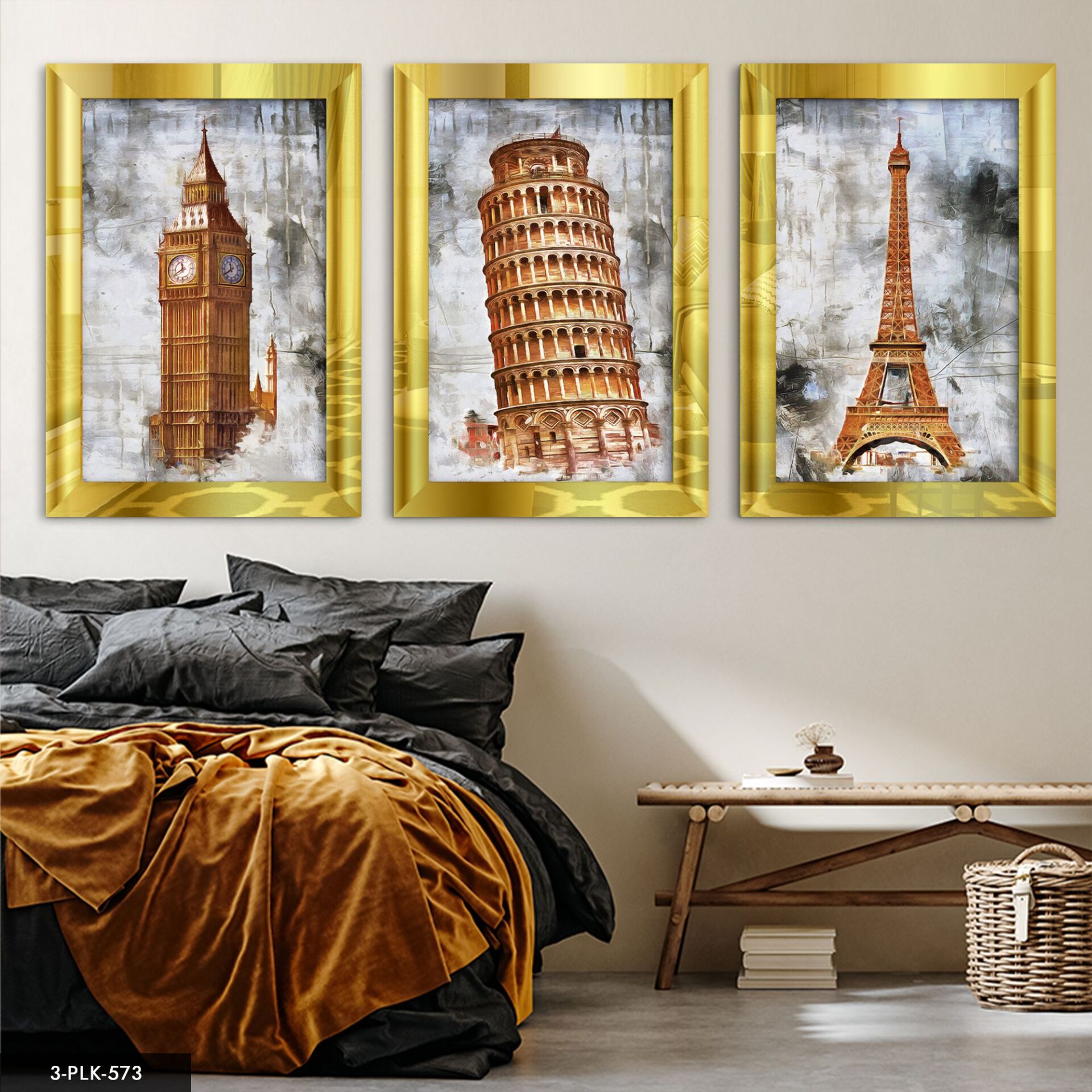 Eyfel Pisa Londra Saat Kulesi 3 Parça Pleksi Aynalı Tablo 60 x 80 CM - Gold