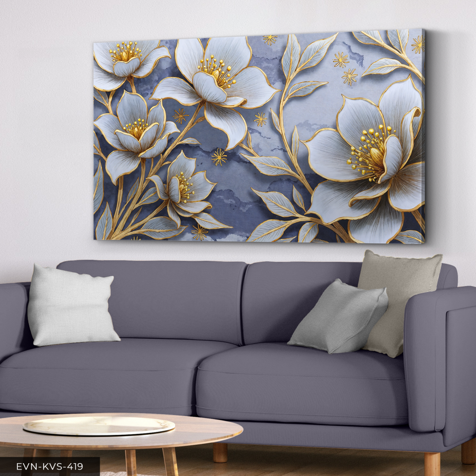 Gold Detaylı Beyaz Çiçek Tek Parça Kanvas - Canvas Tablo 140 x 90 CM - Çok Renkli