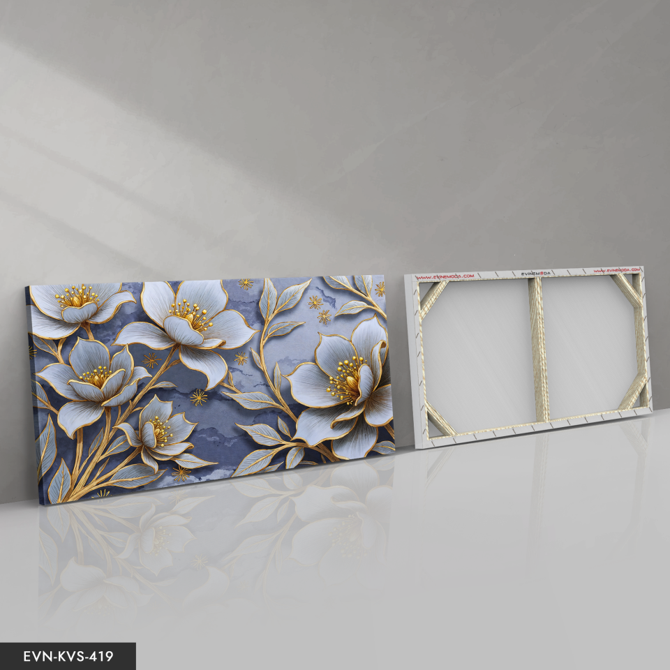 Gold Detaylı Beyaz Çiçek Tek Parça Kanvas - Canvas Tablo 140 x 90 CM - Çok Renkli