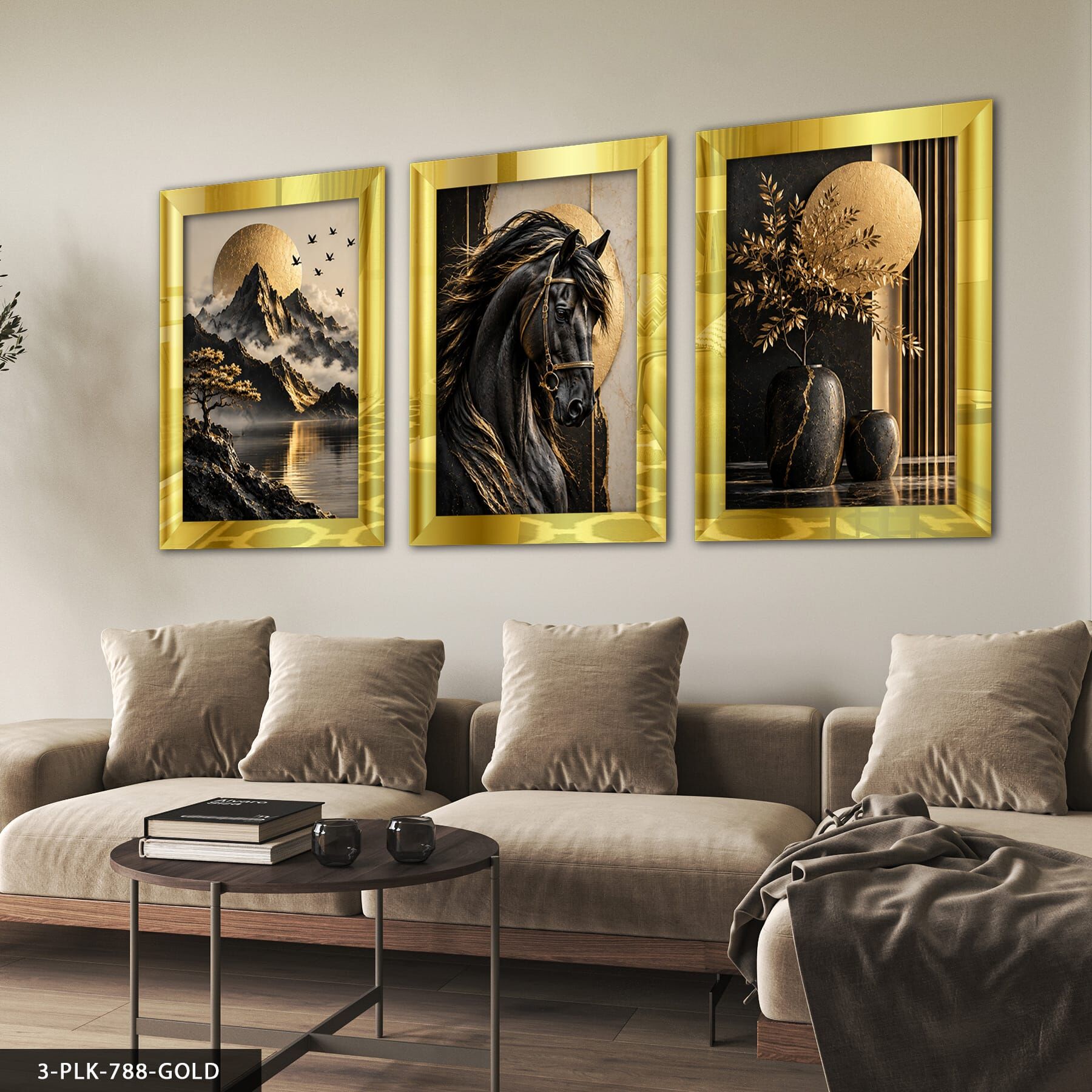 Gold Bitki Doğa ve Siyah 3 Parça Pleksi Aynalı Tablo 40 x 60 CM - Gold