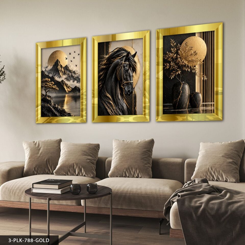 Gold Bitki Doğa ve Siyah 3 Parça Pleksi Aynalı Tablo 40 x 60 CM - Gold