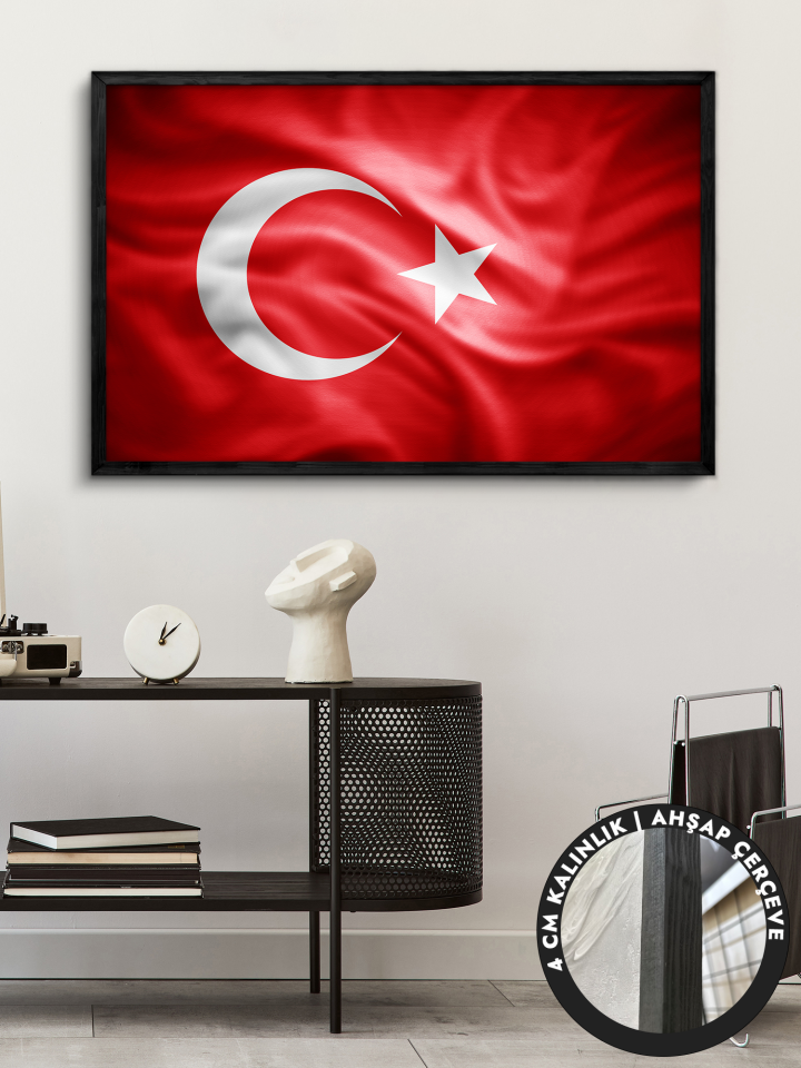 Türk Bayrağı Tek Parça Siyah Çerçeveli Kanvas - Canvas Tablo 48x68 CM