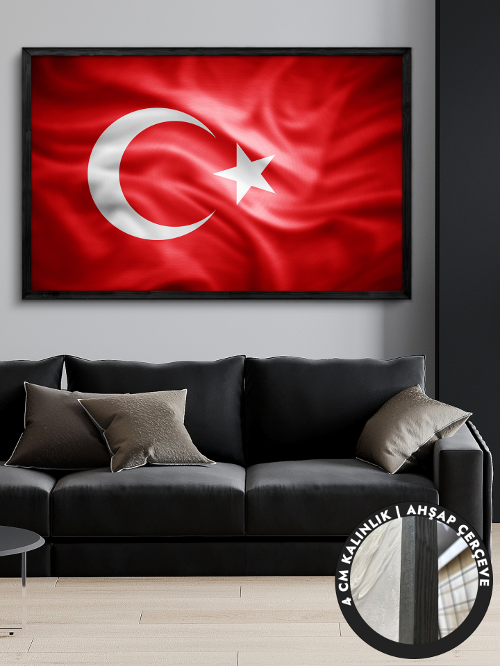Türk Bayrağı Tek Parça Siyah Çerçeveli Kanvas - Canvas Tablo 48x68 CM