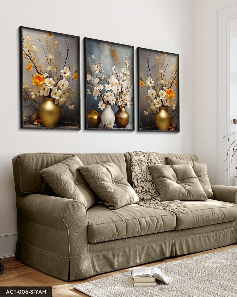 Vazodaki Çiçekler 3 Parça Ahşap Çerçeveli Tablo ACT Siyah - 40 x 60 CM