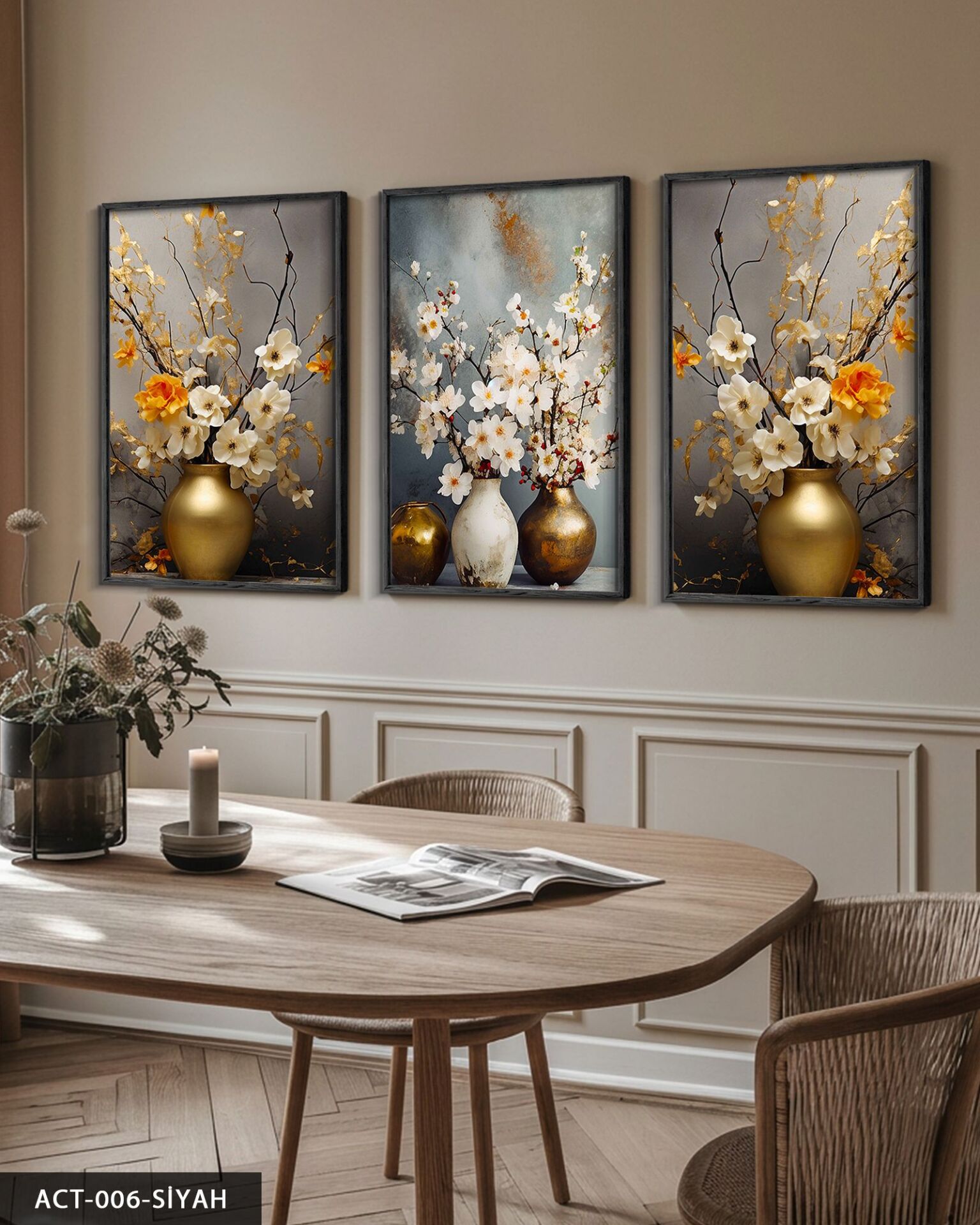 Vazodaki Çiçekler 3 Parça Ahşap Çerçeveli Tablo ACT Siyah - 40 x 60 CM