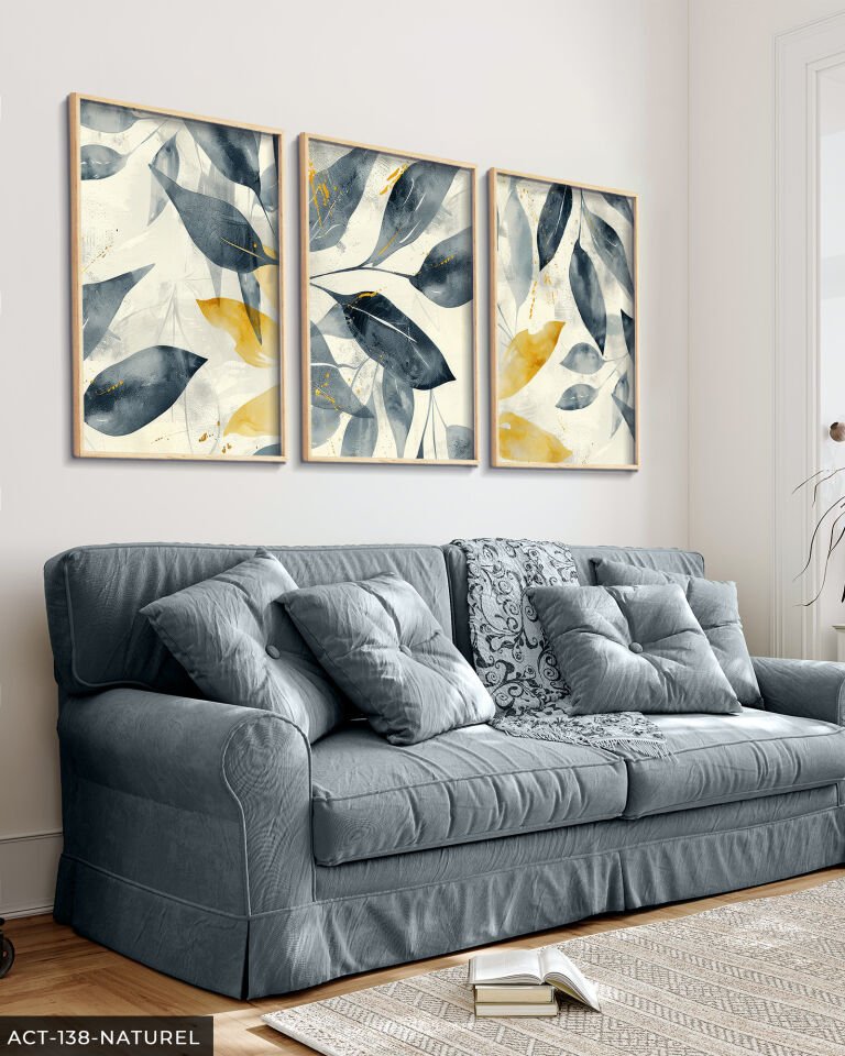 Boho Tarzı Lacivert ve Gold Yapraklar 3 Parça Ahşap Çerçeveli Tablo ACT Naturel - 20 x 30 CM