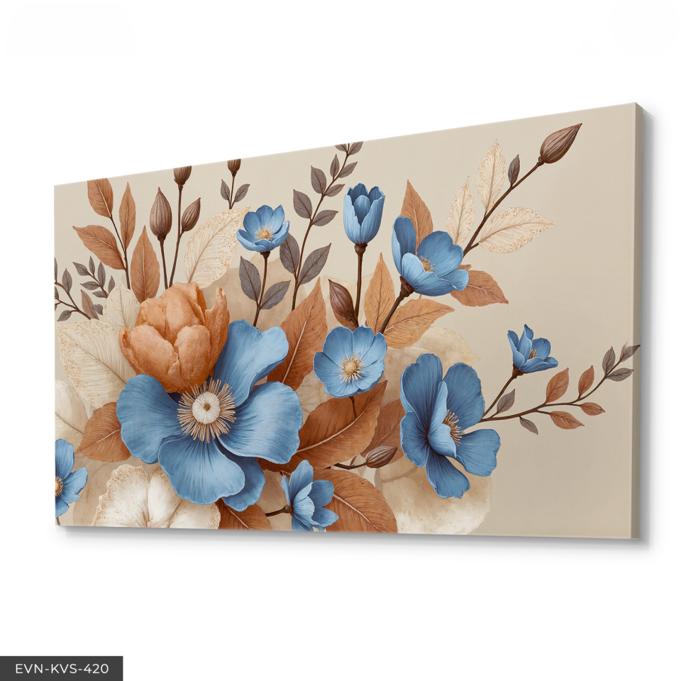 Kahverengi Yapraklı Mavi Çiçekler Tek Parça Kanvas - Canvas Tablo 140 x 90 CM - Çok Renkli