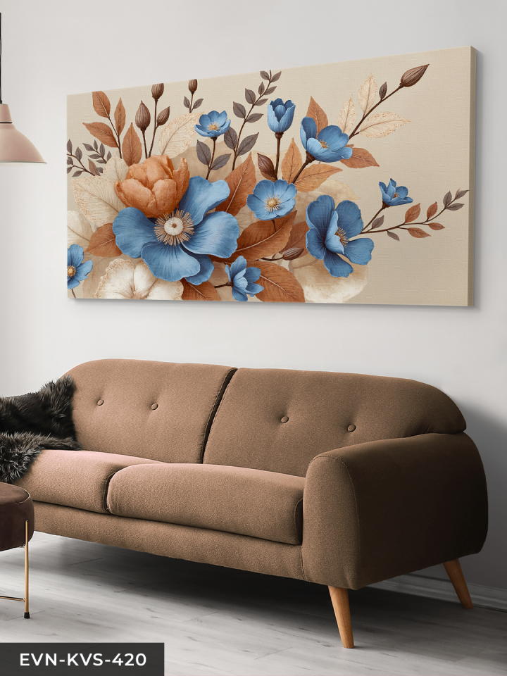 Kahverengi Yapraklı Mavi Çiçekler Tek Parça Kanvas - Canvas Tablo 140 x 90 CM - Çok Renkli