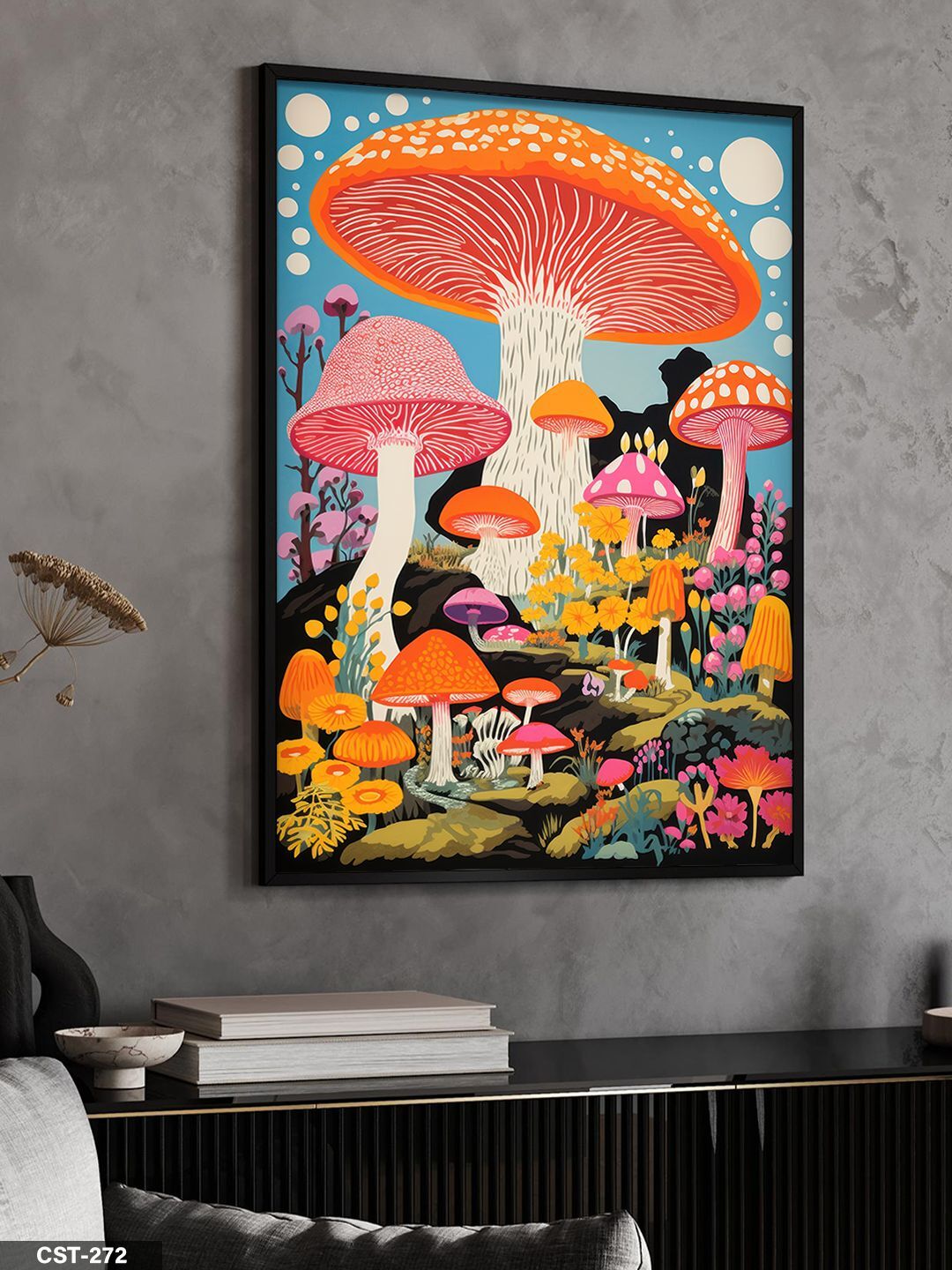 Renkli Mantarlar Tek Parça Ahşap Çerçeveli Tablo Siyah - 50 x 70 CM