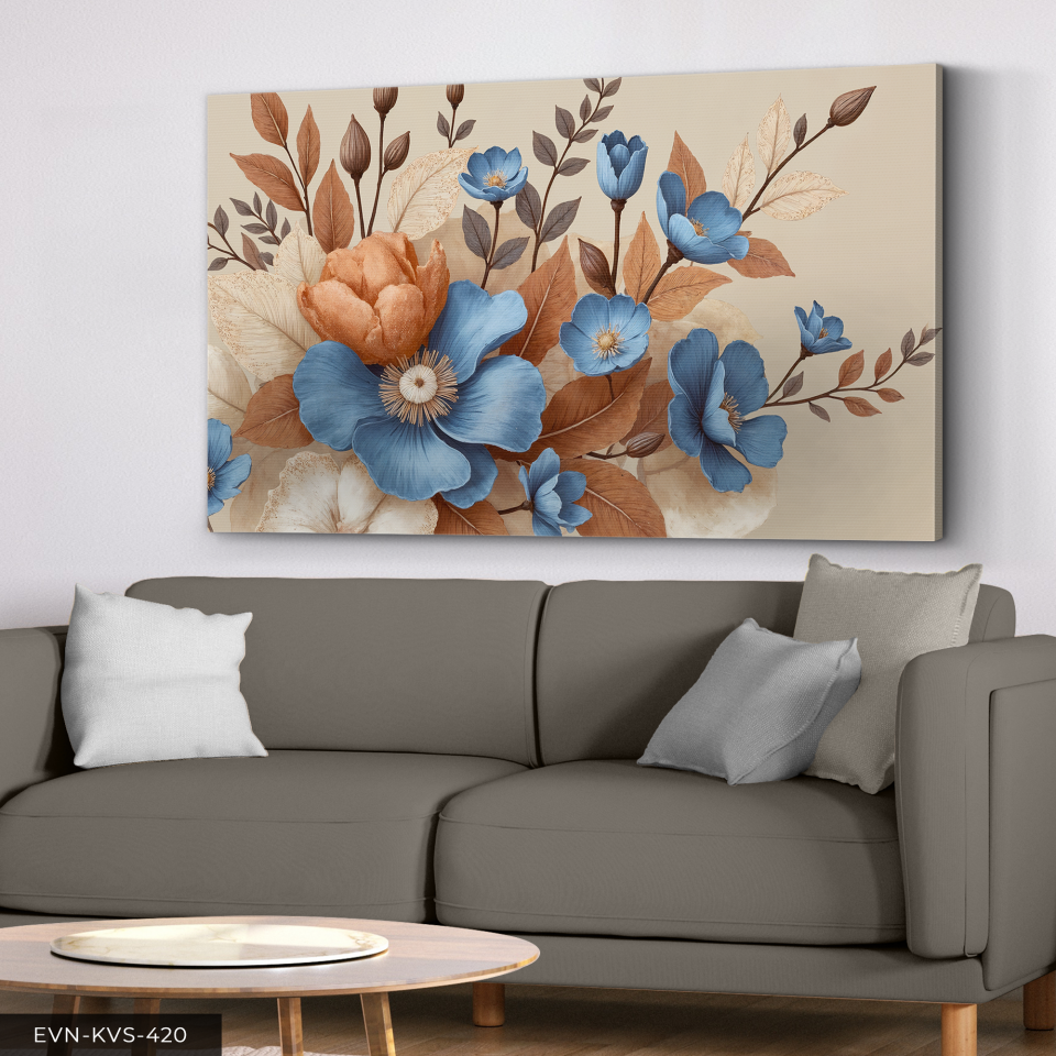 Kahverengi Yapraklı Mavi Çiçekler Tek Parça Kanvas - Canvas Tablo 140 x 90 CM - Çok Renkli