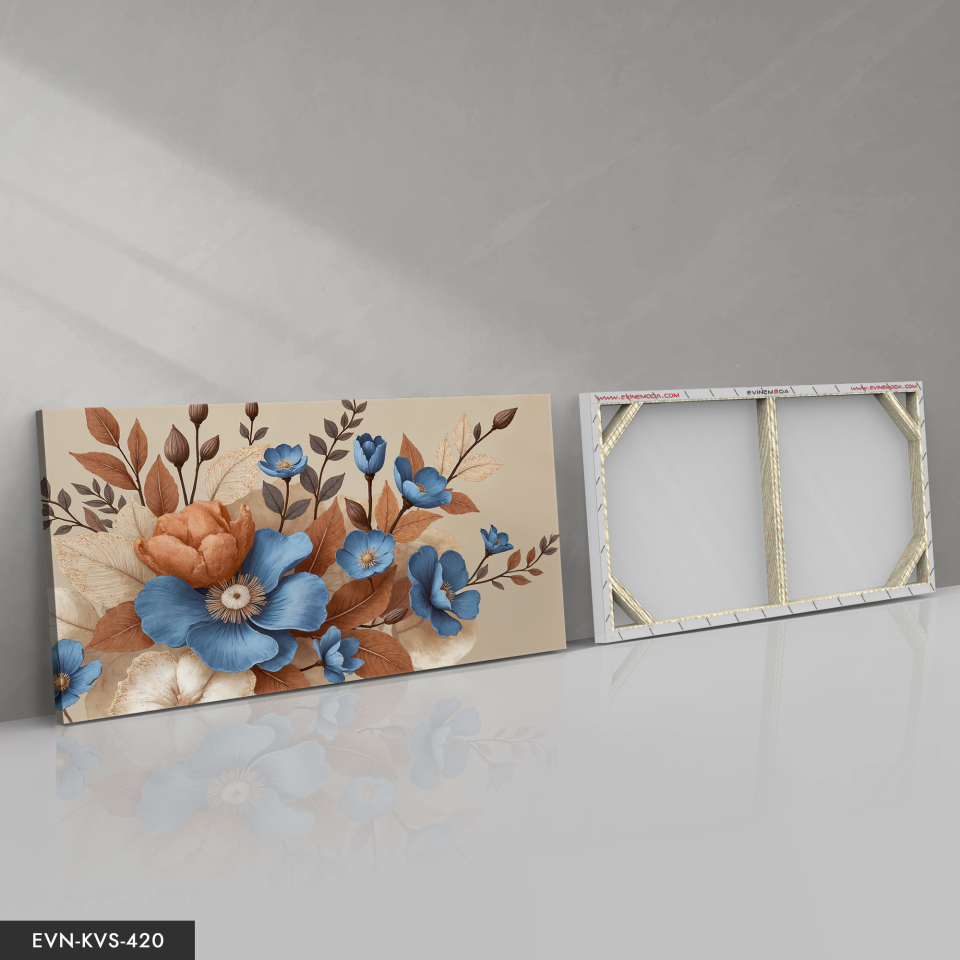 Kahverengi Yapraklı Mavi Çiçekler Tek Parça Kanvas - Canvas Tablo 140 x 90 CM - Çok Renkli