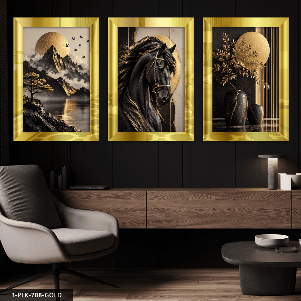 Gold Bitki Doğa ve Siyah 3 Parça Pleksi Aynalı Tablo 50 x 70 CM - Gold