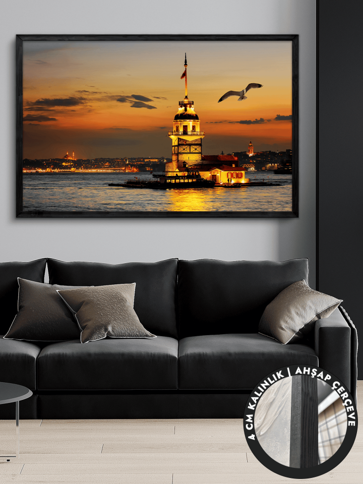 Kız Kulesi Tek Parça Siyah Çerçeveli Kanvas - Canvas Tablo 48x68 CM