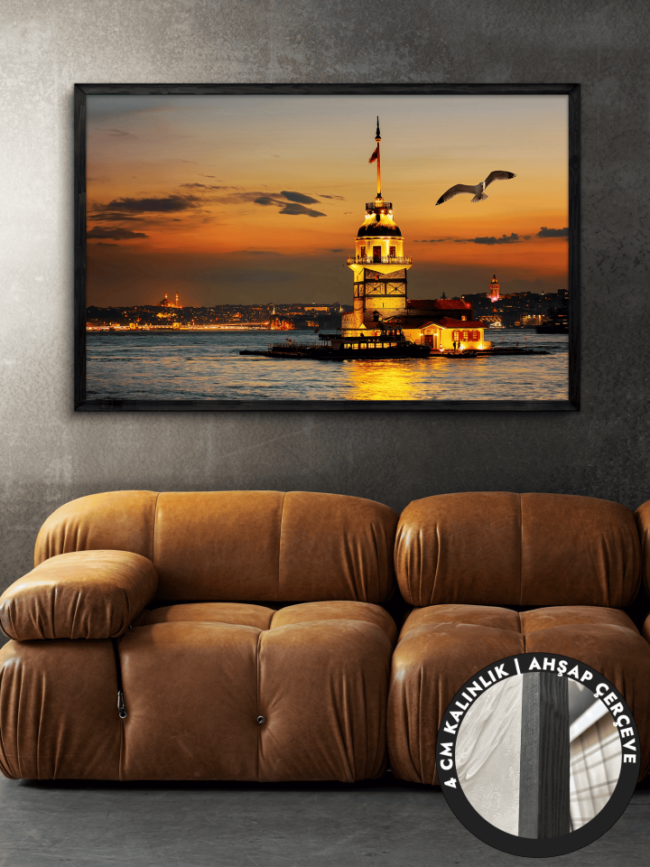 Kız Kulesi Tek Parça Siyah Çerçeveli Kanvas - Canvas Tablo 48x68 CM