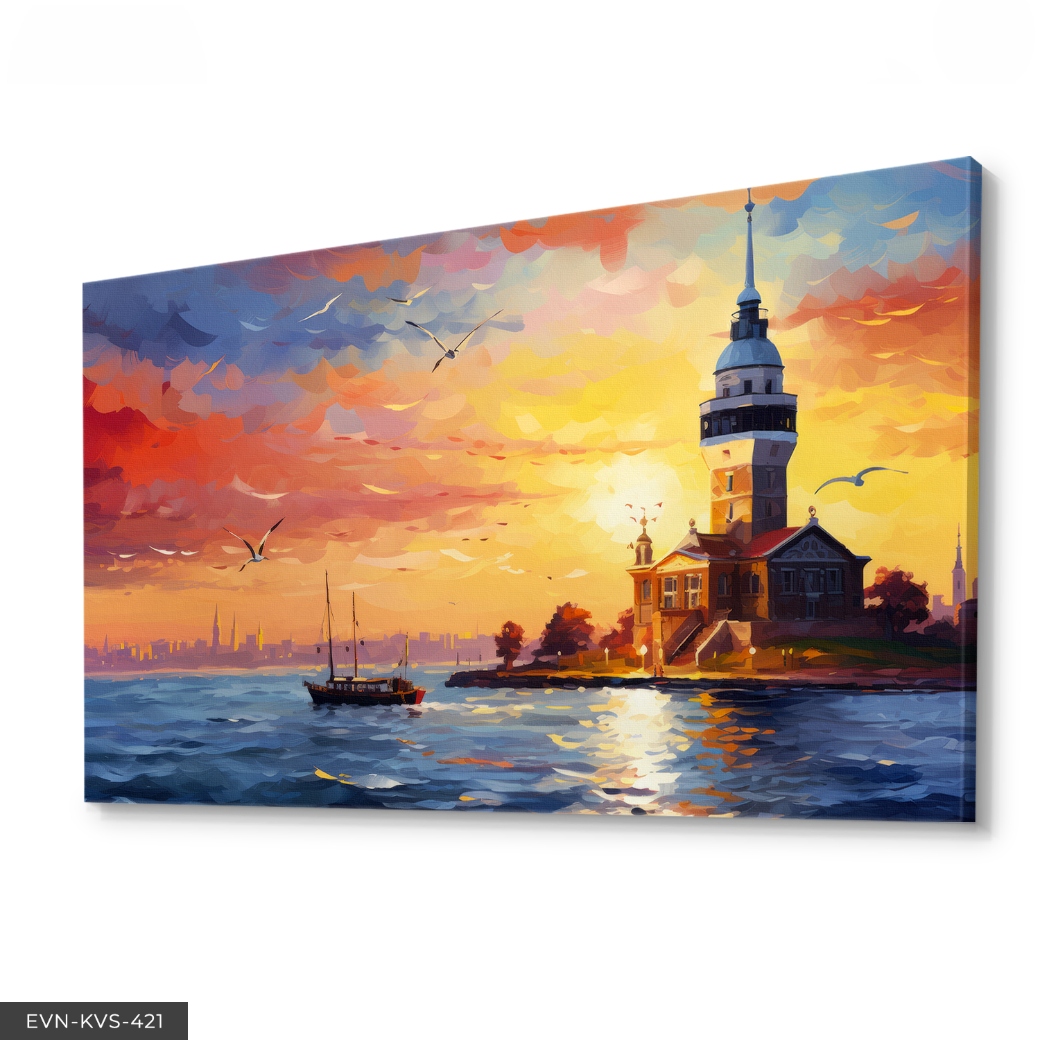 Yağlı Boya Görünümlü Kız Kulesi Tek Parça Kanvas - Canvas Tablo 140 x 90 CM - Çok Renkli