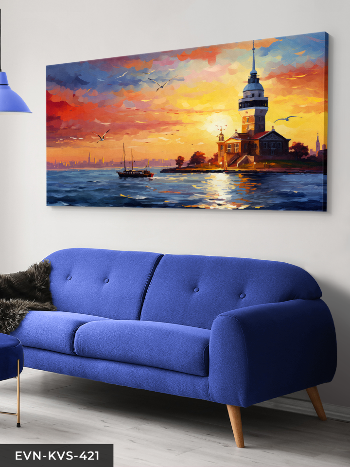 Yağlı Boya Görünümlü Kız Kulesi Tek Parça Kanvas - Canvas Tablo 140 x 90 CM - Çok Renkli