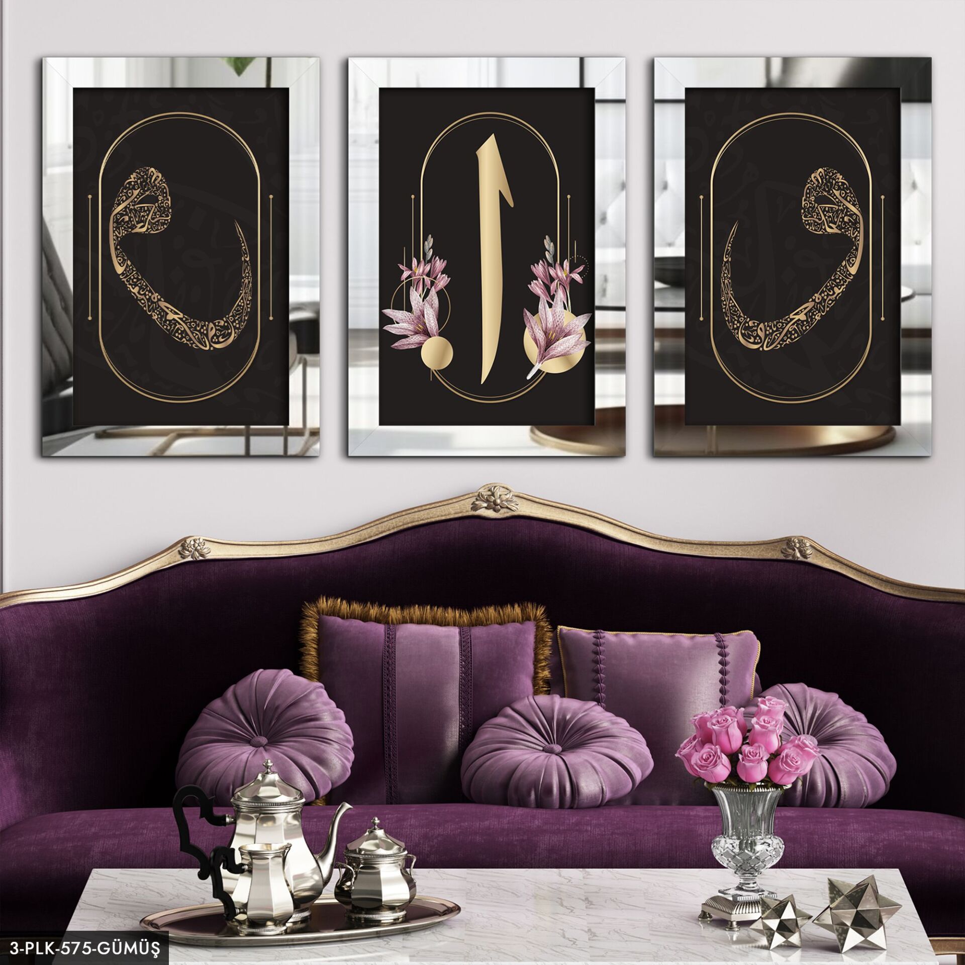 Elif Vav 3 Parça Pleksi Aynalı Tablo 60 x 80 CM - Gümüş