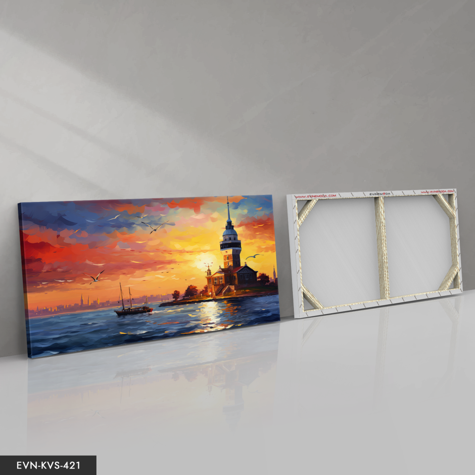 Yağlı Boya Görünümlü Kız Kulesi Tek Parça Kanvas - Canvas Tablo 140 x 90 CM - Çok Renkli