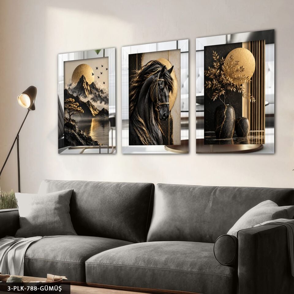 Gold Bitki Doğa ve Siyah 3 Parça Pleksi Aynalı Tablo Gümüş - 30 x 40 CM