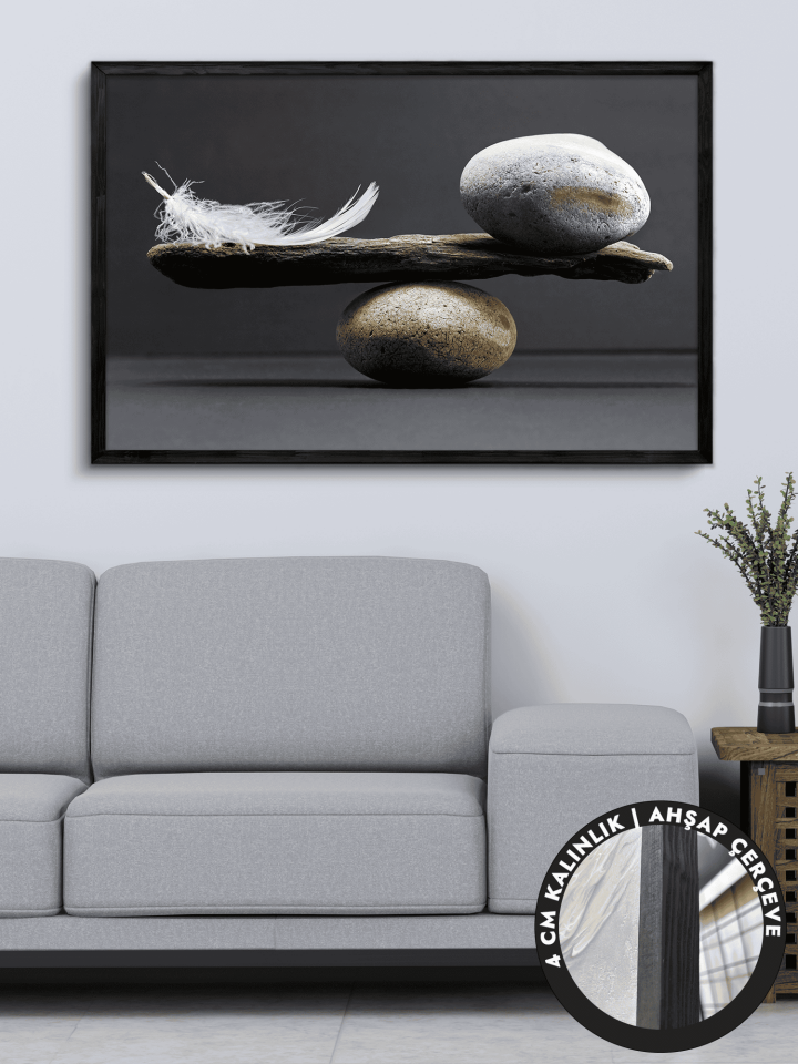 Taş ve Tüy Tek Parça Siyah Çerçeveli Kanvas - Canvas Tablo 48x68 CM