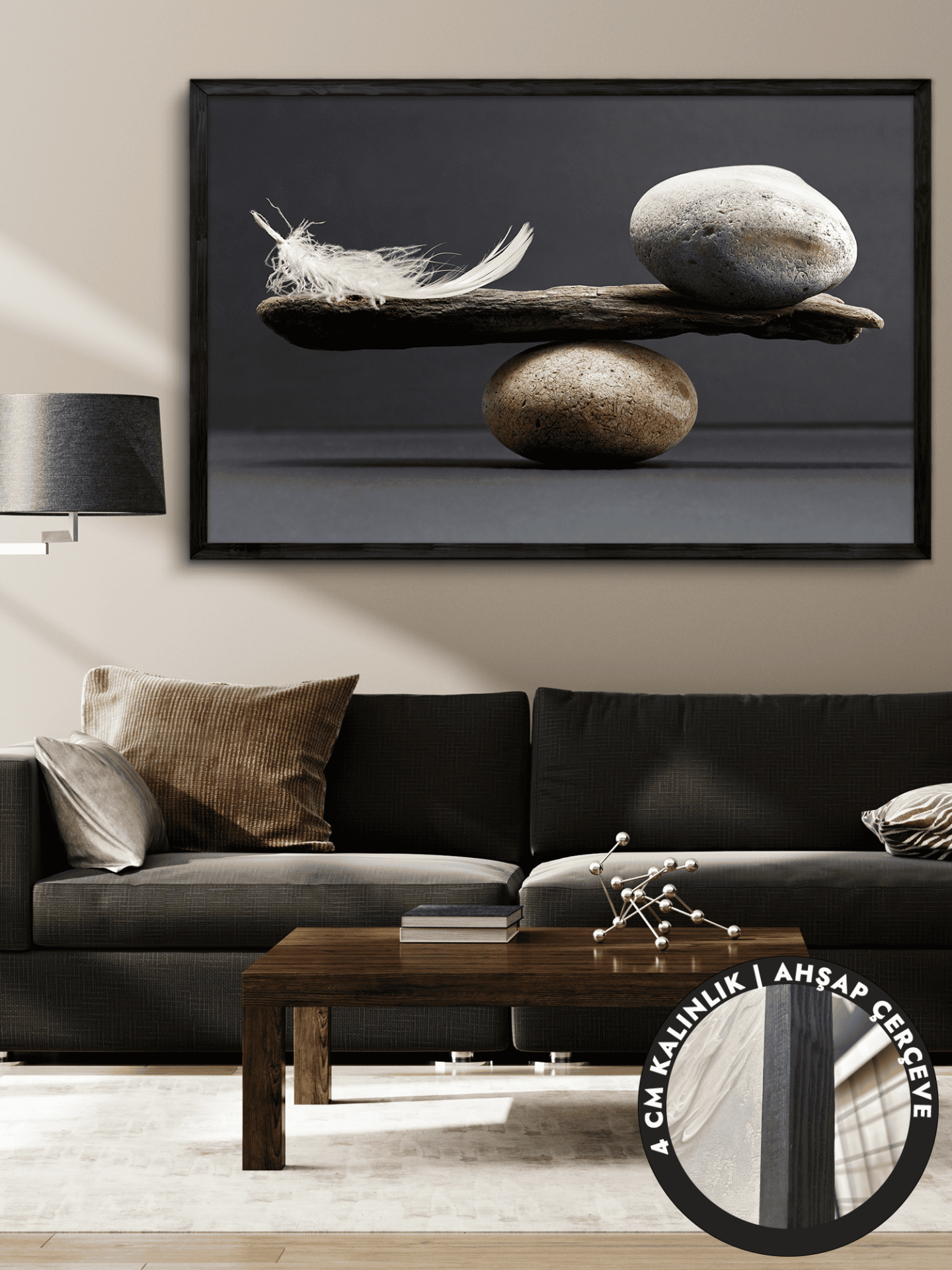 Taş ve Tüy Tek Parça Siyah Çerçeveli Kanvas - Canvas Tablo 48x68 CM
