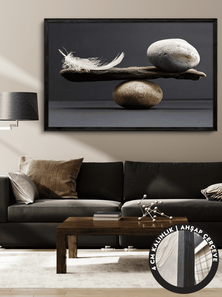 Taş ve Tüy Tek Parça Siyah Çerçeveli Kanvas - Canvas Tablo 48x68 CM
