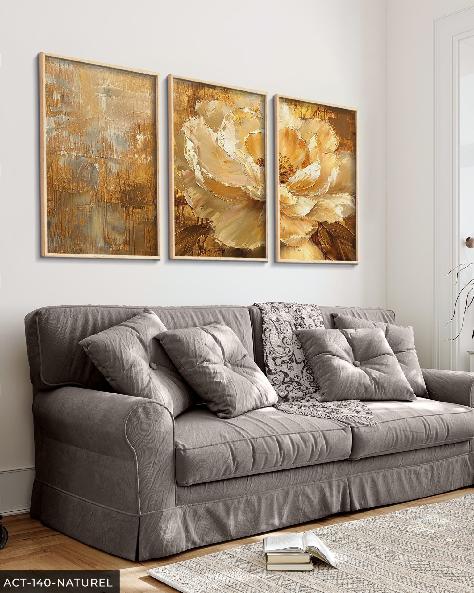 Gold Çiçek ve Yapraklar 3 Parça Ahşap Çerçeveli Tablo ACT Naturel - 20 x 30 CM